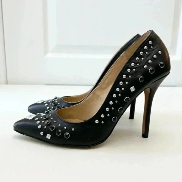 Aldo Black Leather Pumps Pointed Toe High Heel Rhinestone Studded Stilettos 7.5 - Picture 6 of 16